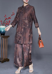 Boutique Brown Peter Pan Collar Print Tassel Silk Women Sets 2 Pieces Summer