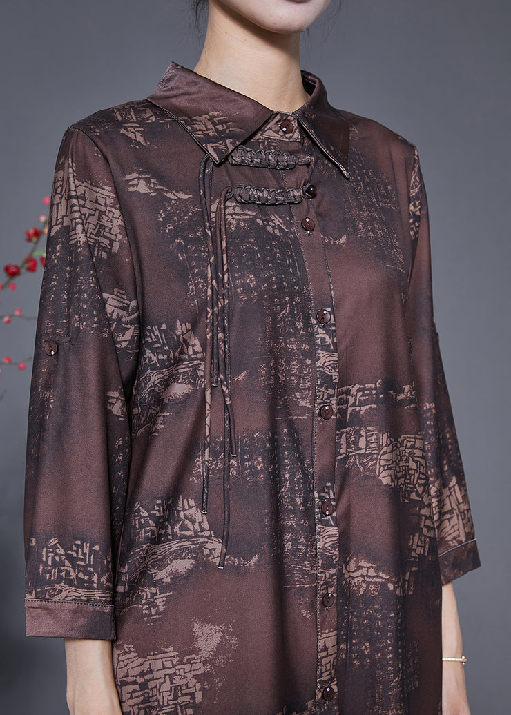 Boutique Brown Peter Pan Collar Print Tassel Silk Women Sets 2 Pieces Summer