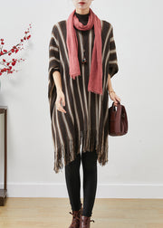 Boutique Brown Tasseled Striped Knit Sweater Dress Batwing Sleeve