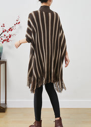 Boutique Brown Tasseled Striped Knit Sweater Dress Batwing Sleeve