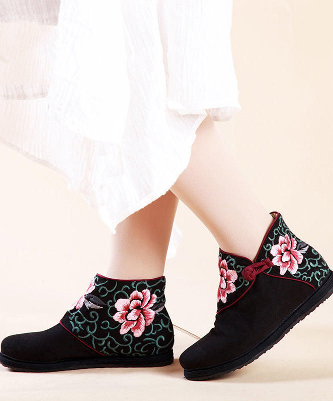 Boutique Buckle Strap Embroidered Comfy Ankle Boots Blue Cotton Fabric