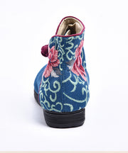 Boutique Buckle Strap Embroidered Comfy Ankle Boots Blue Cotton Fabric