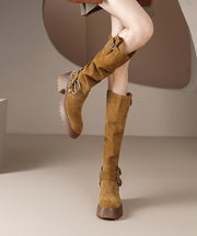 Boutique Camel Belt Buckle Chunky Heel Boots Suede