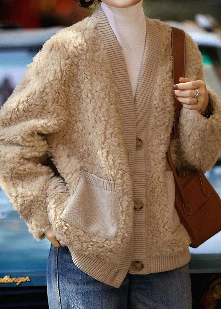 Boutique Camel V Neck Pockets Patchwork Wool Jacket Winter