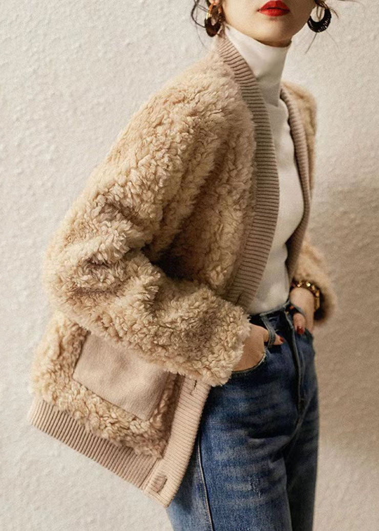 Boutique Camel V Neck Pockets Patchwork Wool Jacket Winter