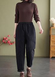 Boutique Casual Black Elastic Waist Fine Cotton Filled Pants Winter