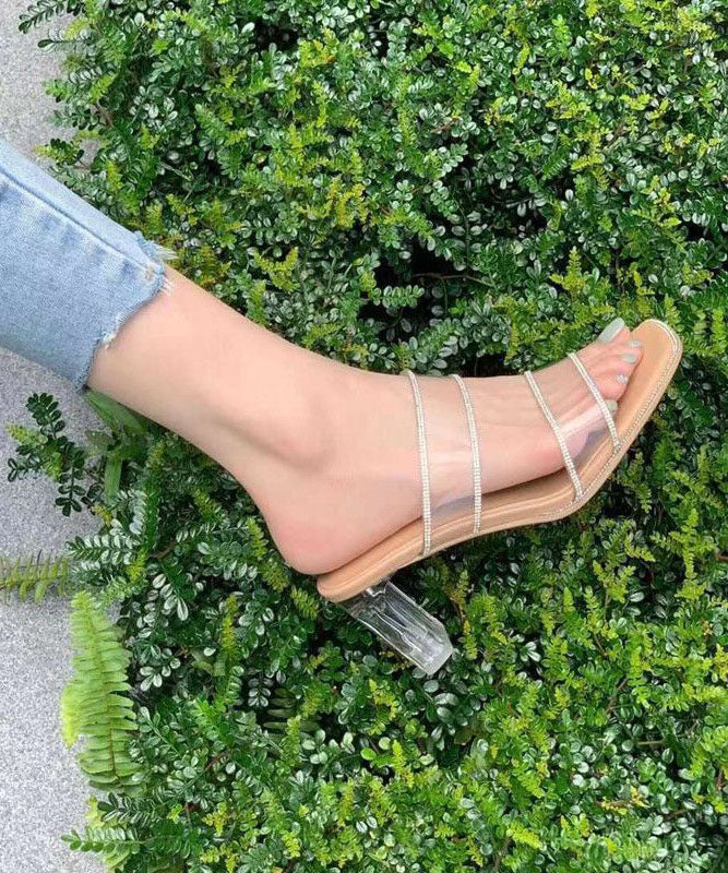 Boutique Chunky Beige Transparent Zircon Clear Heels Slide Sandals