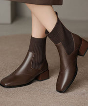 Boutique Coffee Cowhide Leather Boots Knit Splicing Chunky