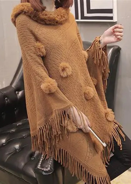 Boutique Chocolate Fur Collar Tassel Long Knit Sweater Coats Batwing Sleeve