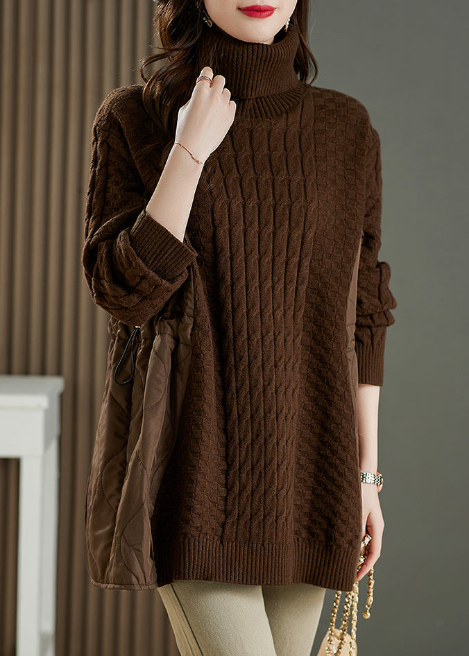 Boutique Coffee Hign Neck Thick Patchwork Knitted Sweaters Winter
