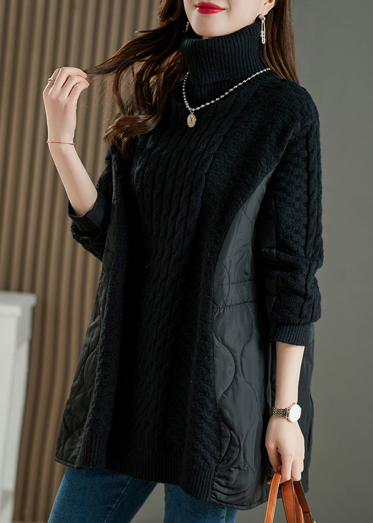 Boutique Coffee Hign Neck Thick Patchwork Knitted Sweaters Winter
