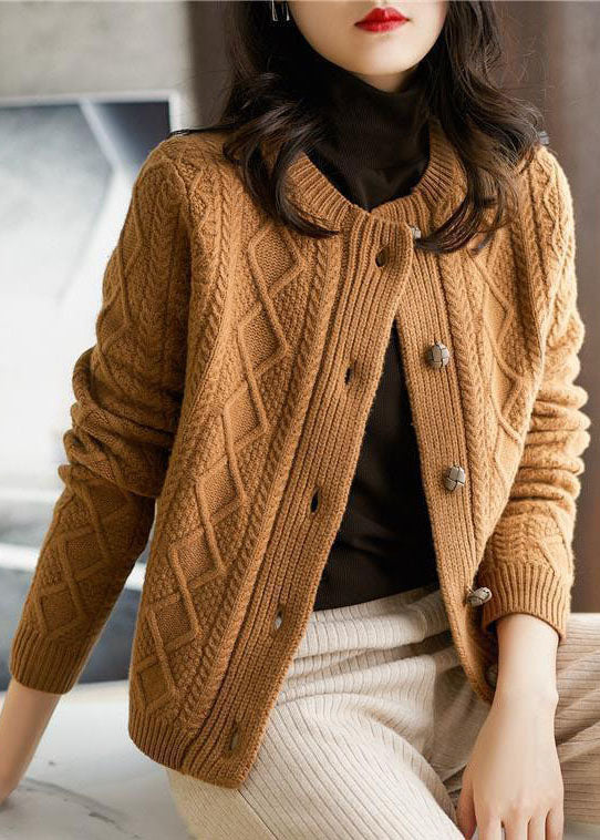 Boutique Chocolate O-Neck Button Thick Cable Knit Cardigans Winter