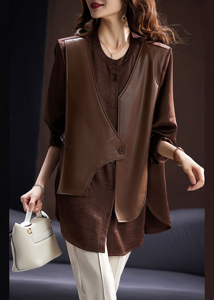 Boutique Coffee O-Neck PU Patchwork Fake Two Pieces Satin Shirt Long Sleeve