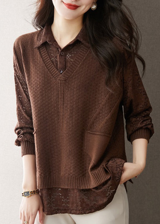 Boutique Coffee Peter Pan Collar False Two Pieces Woolen Knit Shirts Fall