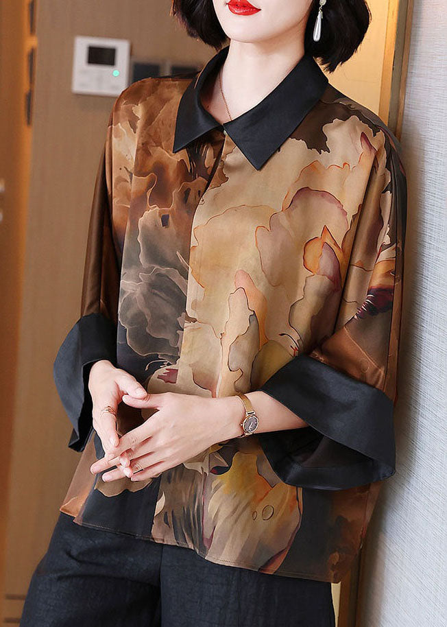 Boutique Coffee Peter Pan Collar Print Patchwork Silk Blouses Spring