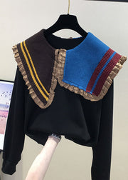 Boutique Coffee Peter Pan Collar Ruffled Knit Patchwork Sweatshirts Fall