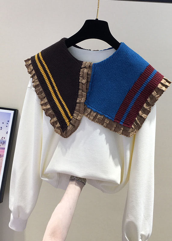 Boutique Coffee Peter Pan Collar Ruffled Knit Patchwork Sweatshirts Fall