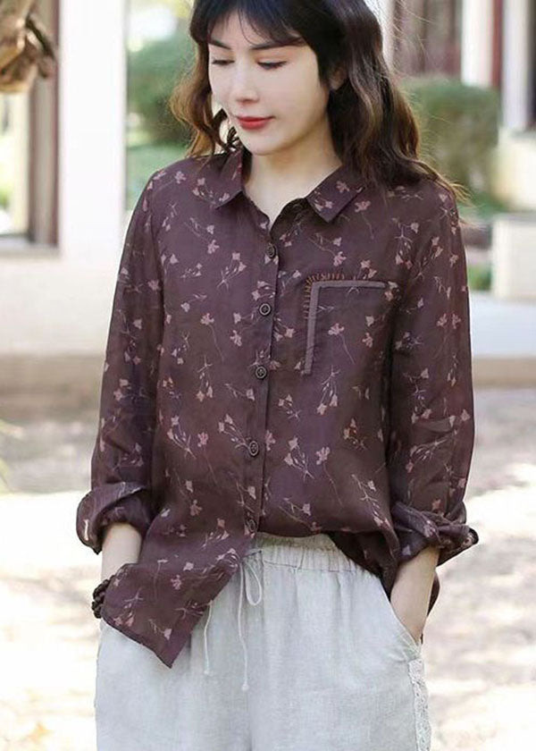 Boutique Coffee Print Button Patchwork Linen Shirts Top Long Sleeve