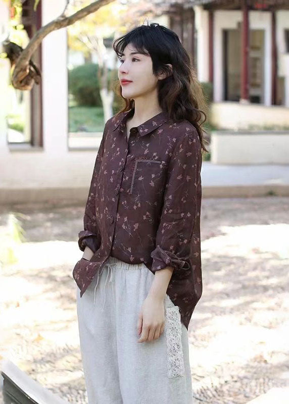 Boutique Coffee Print Button Patchwork Linen Shirts Top Long Sleeve