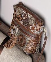 Boutique Coffee Tassel Patchwork Zip Up Calf Leather Satchel Bag Handbag