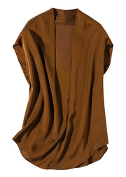 Boutique Coffee V Neck Solid Silk Shirt Short Sleeve