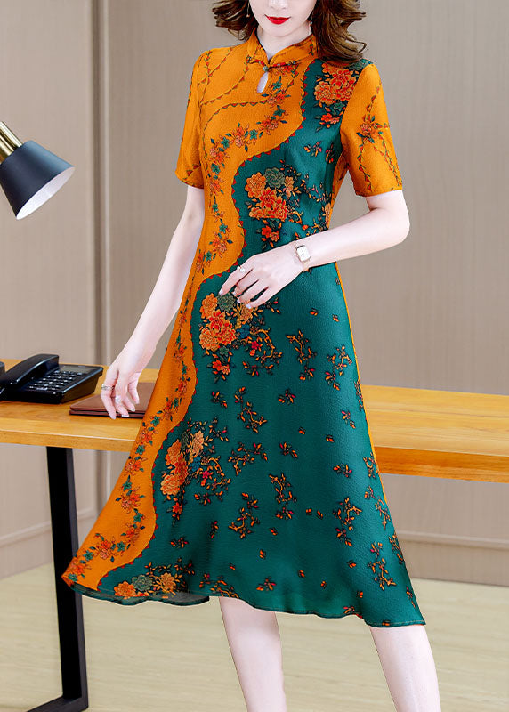 Boutique Colorblock Mandarin Collar Print Silk A-Linienkleider mit kurzen Ärmeln