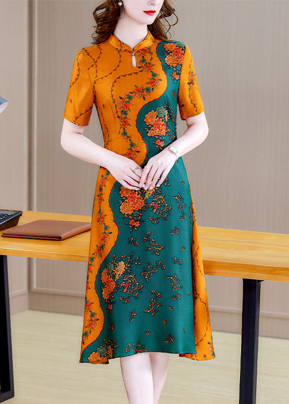 Boutique Colorblock Mandarin Collar Print Silk A Line Dresses Short Sleeve