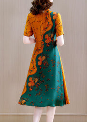 Boutique Colorblock Mandarin Collar Print Silk A-Linienkleider mit kurzen Ärmeln