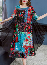 Boutique Colorblock O Neck Print Patchwork Chiffon Dresses Summer