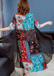 Boutique Colorblock O Neck Print Patchwork Chiffon Dresses Summer