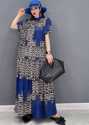 Boutique Colorblock Stand Collar Leopard Print Chiffon Vacation Dresses Short Sleeve