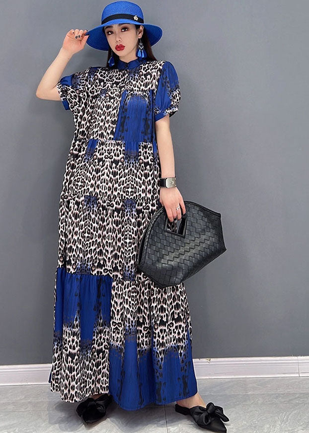 Boutique Colorblock Stand Collar Leopard Print Chiffon Vacation Dresses Short Sleeve