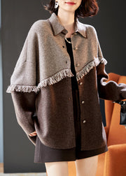 Boutique Colorblock Tasseled Patchwork Wool Coat Spring
