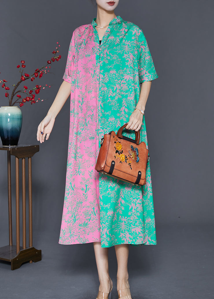 Boutique Colorblock V Neck Patchwork Print Silk Long Dress Fall