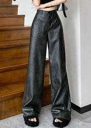 Boutique Dark Grey Pockets Faux Leather Wide Leg Pants Spring