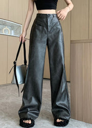 Boutique Dark Grey Pockets Faux Leather Wide Leg Pants Spring