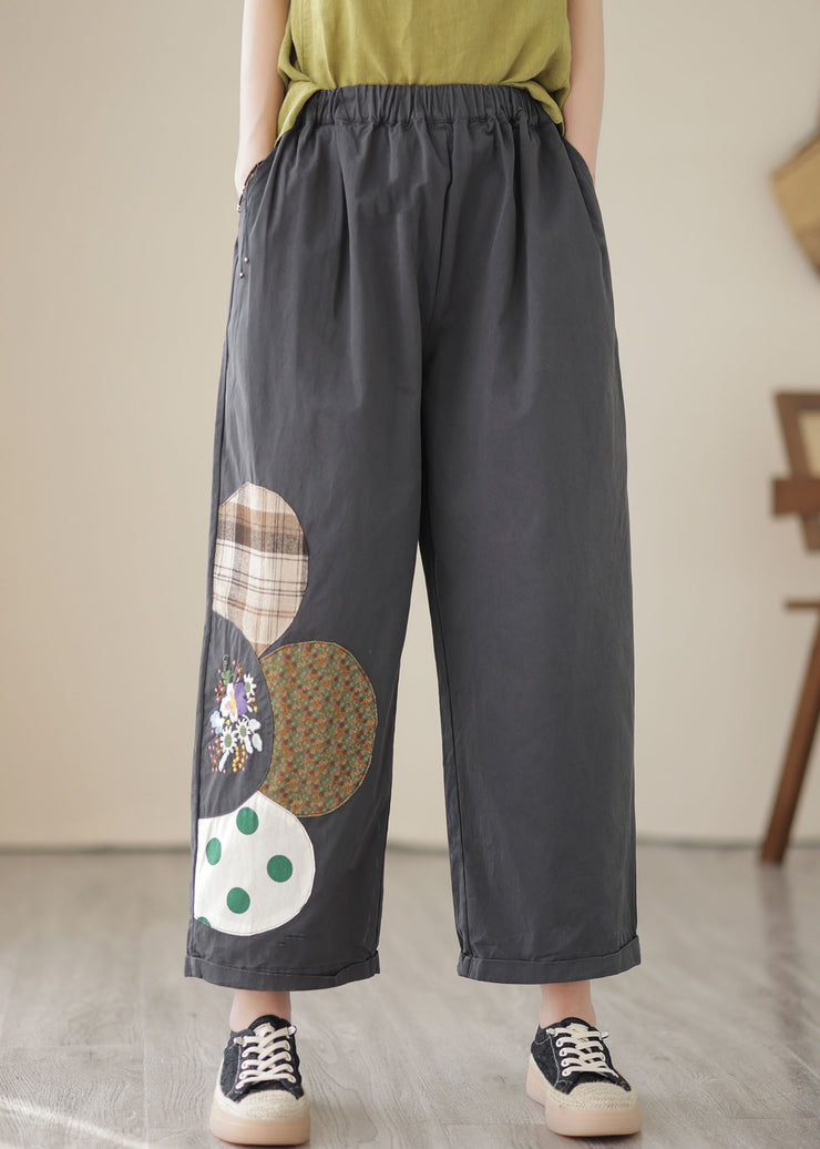Boutique Dark Grey Pockets Patchwork Cotton Straight Crop Pants Summer