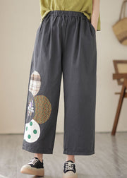 Boutique Dark Grey Pockets Patchwork Cotton Straight Crop Pants Summer