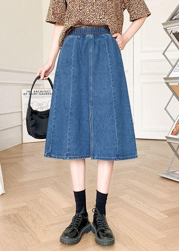 Boutique Denim Blue Solid Elastic Waist Side Open Cotton A Line Skirt Summer