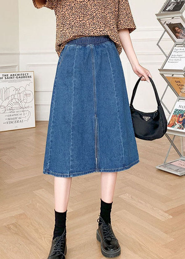 Boutique Jeansblau, einfarbig, elastischer Bund, seitlich offen, Baumwolle, A-Linie, Sommerrock