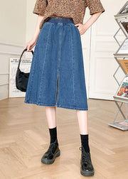Boutique Denim Blue Solid Elastic Waist Side Open Cotton A Line Skirt Summer