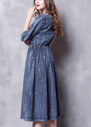 Boutique Denim Blue V Neck Embroidered Elastic Waist Cotton Dresses Bracelet Sleeve