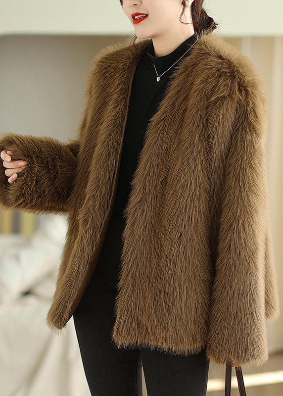 Boutique Fashion Coffee V Neck Faux Fur Coats Winter