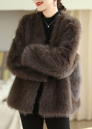 Boutique Fashion Coffee V Neck Faux Fur Coats Winter