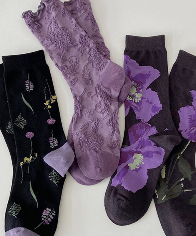 Boutique Fashion Purple Jacquard Cotton Mid Calf Socks