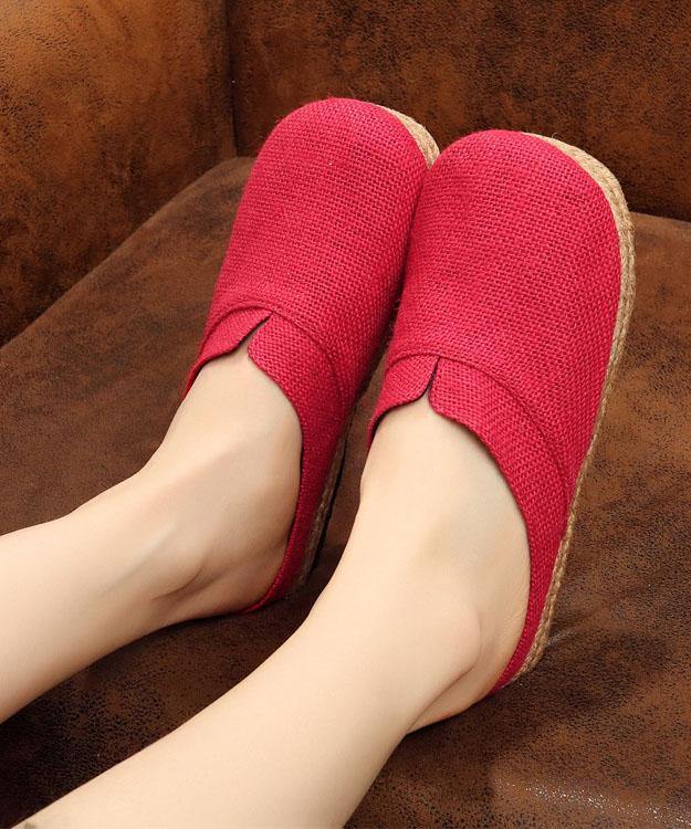 Boutique Flat Shoes For Women Red Cotton Linen Fabric Slippers Shoes - SooLinen