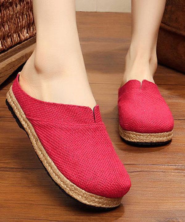 Boutique Flat Shoes For Women Red Cotton Linen Fabric Slippers Shoes - SooLinen