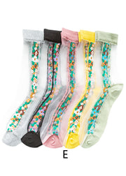 Boutique Floral Jacquard Sheer Mesh socks Mid Calf Socks