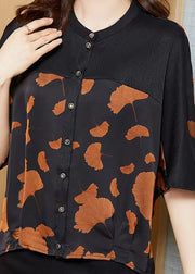 Boutique Ginkgo Leaf O Neck Patchwork Print Silk Shirt Summer