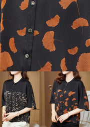 Boutique Ginkgo Leaf O Neck Patchwork Print Silk Shirt Summer